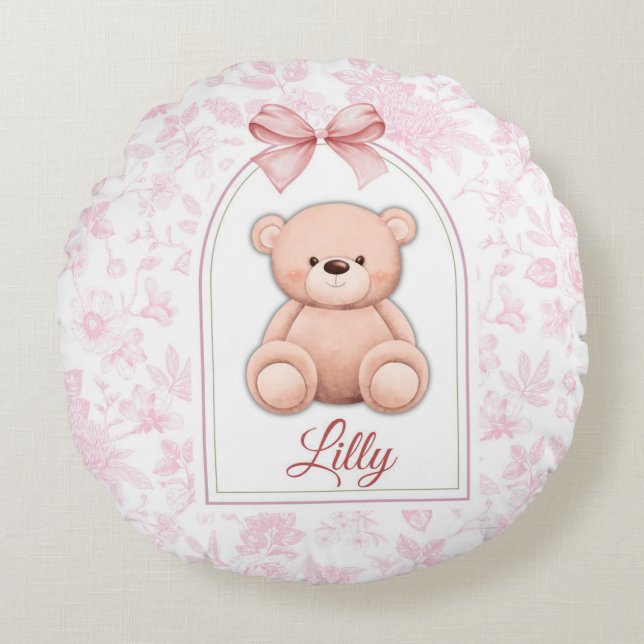Lilly | Benutzerdefiniertes rosa Teddy-Bär-Kinderz Rundes Kissen (Vorderseite)