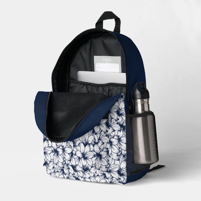 Lily Blume Ink Sketched Pattern Bedruckter Rucksack (Rückseitige Ecke links (Offen) )