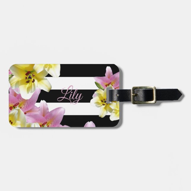 Lily-Blume Schwarz-Weiß-Streifenmuster Gepäckanhänger (Vorderseite horizontal)
