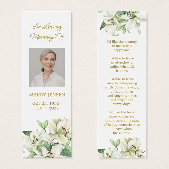 Lily Blumenvorlage Trauer Gedenk-Lesezeichen (Vorne & Hinten)