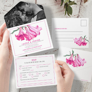 Lily botanische Kunst rosa Hochzeit RSVP-Optionen All In One Einladung