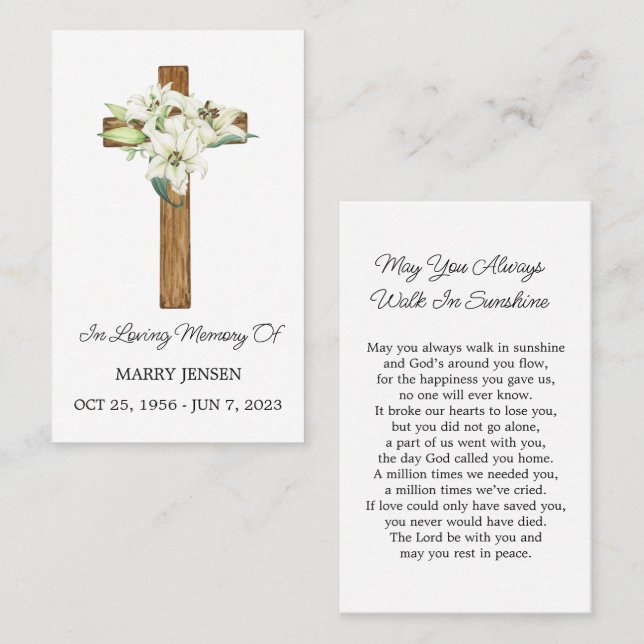 Lily Cross Memorial Funeral Prayer Card Visitenkarte (Vorne/Hinten)