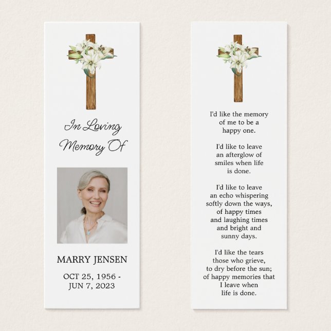 Lily Cross Photo Funeral Memorial Bookmark (Vorne & Hinten)
