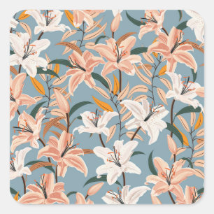Lily Floral Blaue Vintage-Druck Quadratischer Aufkleber