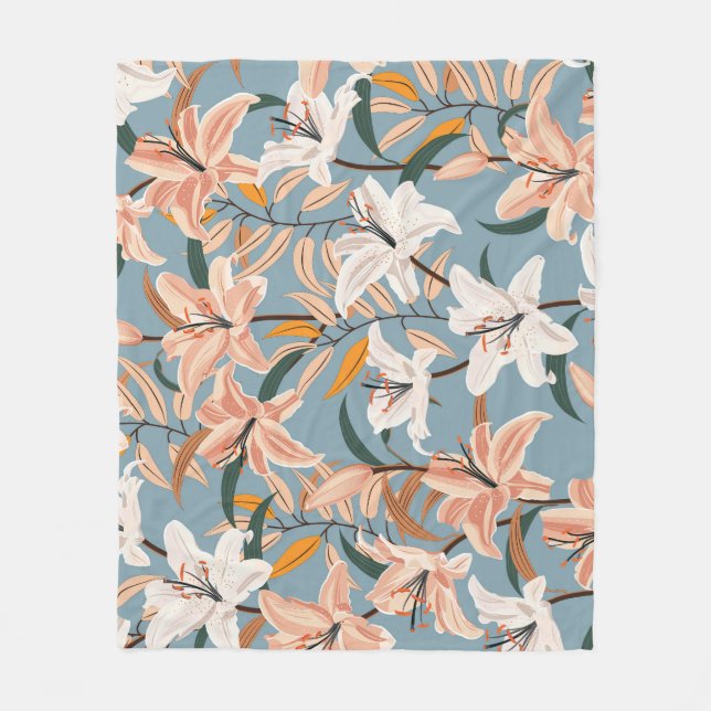 Lily Floral Blue Vintag Print Fleecedecke (Vorderseite)