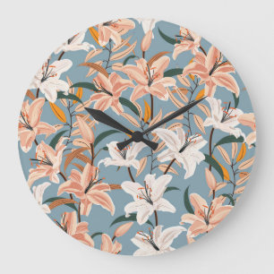 Lily Floral Blue Vintag Print Große Wanduhr