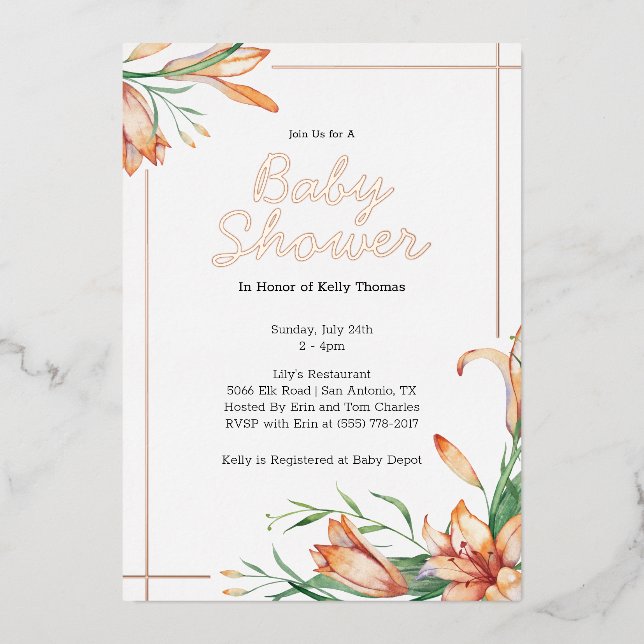Lily Floral Orange Wasserfarbe Elegante Babydusche Folieneinladung (Vorderseite)