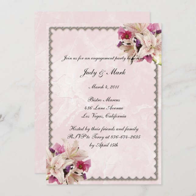 Lily Floral Pink Marble Wedding Party Einladung (Vorne/Hinten)