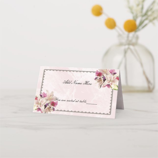 Lily Floral Pink Marmor Hochzeitstisch Platzkarte (Vorderseite)