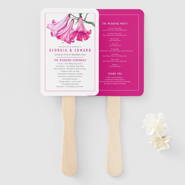Lily Flower rosa Kunst Handfächer Hochzeitsprogram (Vorne und Hinten)