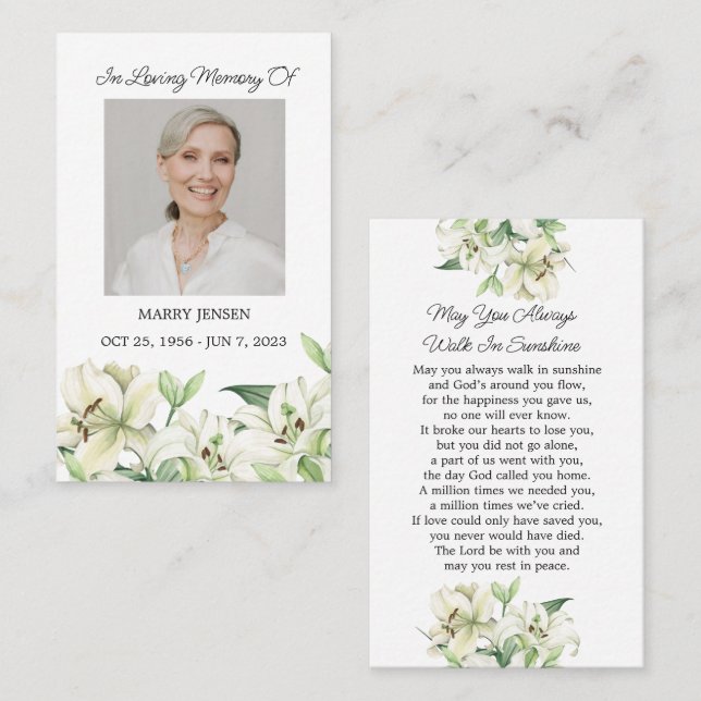 Lily Memorial Photo Funeral Prayer Card Visitenkarte (Vorne/Hinten)