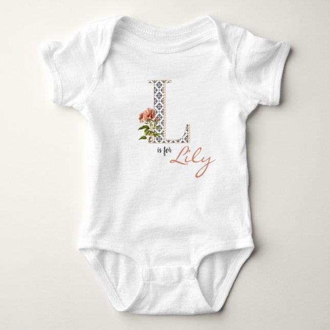 Lily Name Reveal Floral Letter L Girl Whimsical Baby Strampler (Vorderseite)