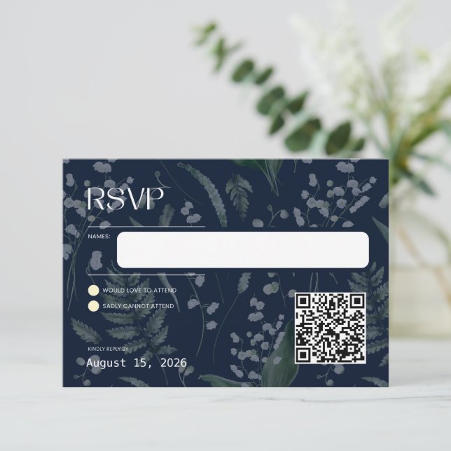 Lily of the Valley Dark Blue Response Card RSVP Karte (Stehend Vorderseite)