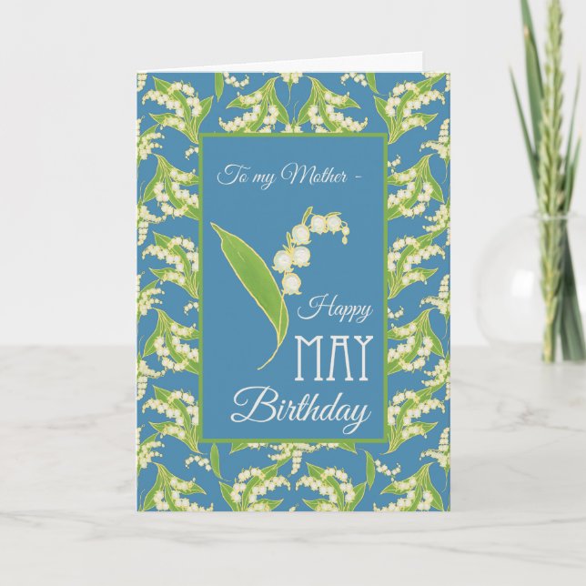 Lily-of-the-Valley May Birthday Card, Blau: Mutter Karte (Vorderseite)