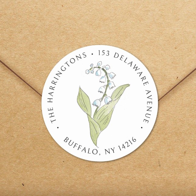 Lily of the Valley May Floral Rücksendeadresse Runder Aufkleber (Bring the spirit of nature to your office or school with this elegant lily of the valley watercolor.)