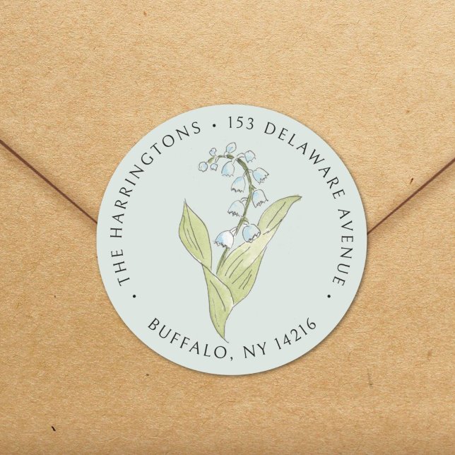 Lily of the Valley May sage florale Rücksendeadres Runder Aufkleber (This lily of the valley is elegant and hand-painted -- I drew it on paper, the old-school way!)