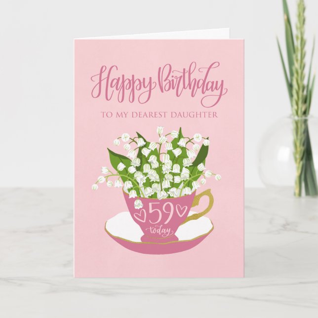 Lily of the Valley Teacup 59. Geburtstagstochter Karte (Vorderseite)