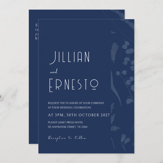 Lily of Valley | Deep Blue Solid mit verblasster K Einladung (Vorne/Hinten)