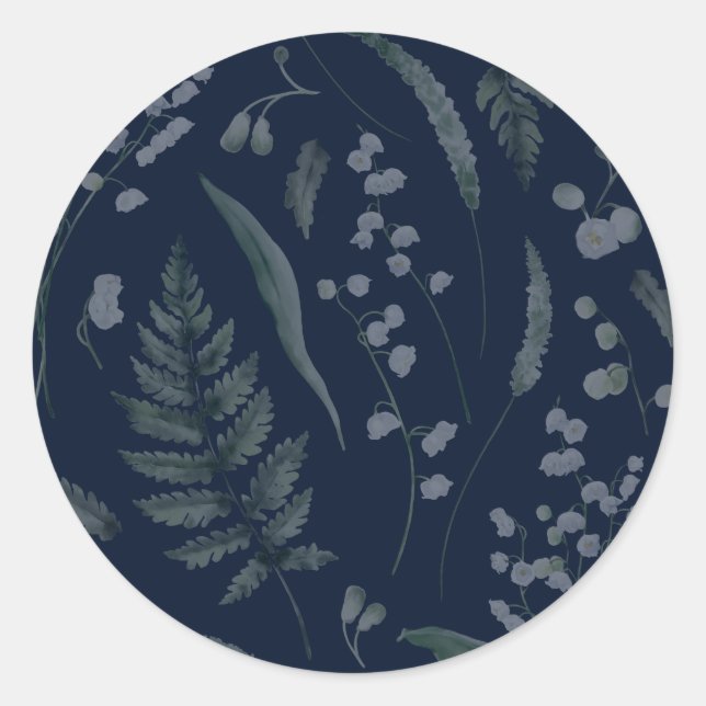 Lily of Valley mit Ferns | Deep Dark Blue Runder Aufkleber (Vorderseite)