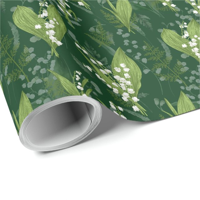 Lily of Valley mit Ferns | Dunkelgrün Geschenkpapier (Rolleneckpunkt)