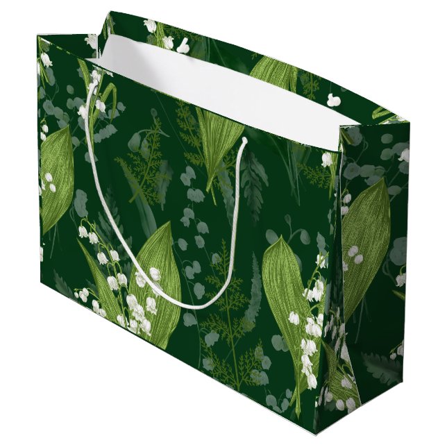 Lily of Valley mit Ferns | Dunkelgrün Große Geschenktüte (Rückseite Schrägansicht)