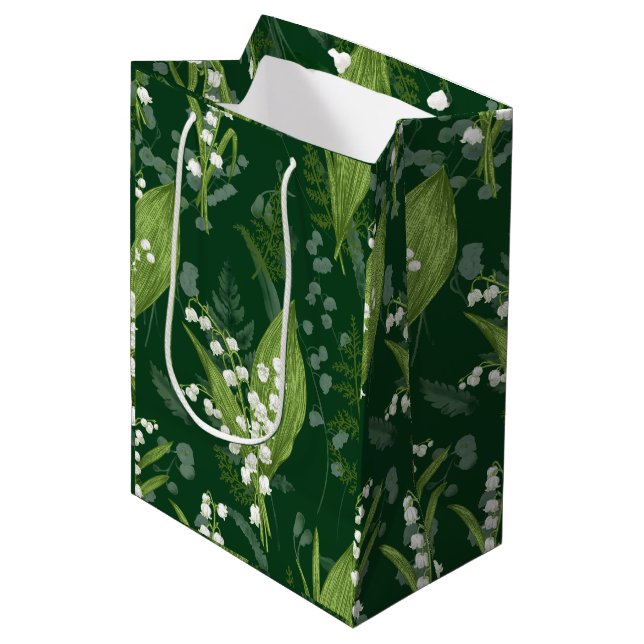 Lily of Valley mit Ferns | Dunkelgrün Mittlere Geschenktüte (Vorderseite Schrägansicht)
