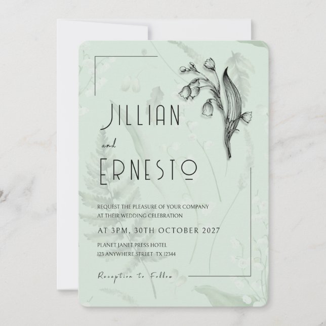 Lily of Valley mit Ferns | Sage Green Custom Einladung (Vorderseite)