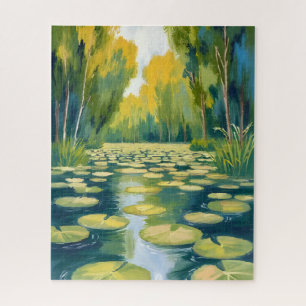 Lily Pad Teich   Grüne Aquarell-Natur Puzzle