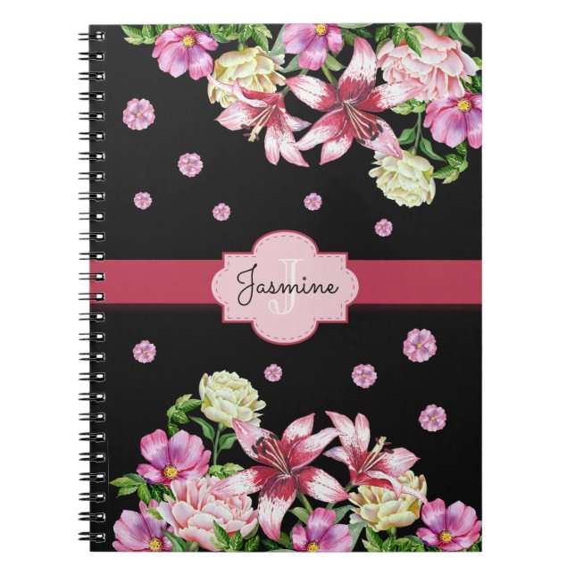 Lily & Peony Floral Black Notizblock (Vorderseite)