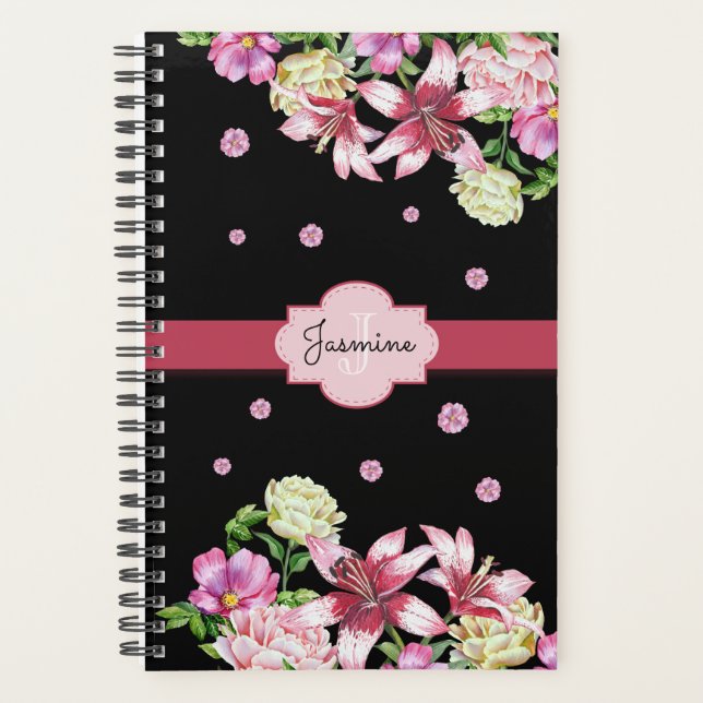Lily & Peony Floral Black Personalisiert Planer (Vorderseite)