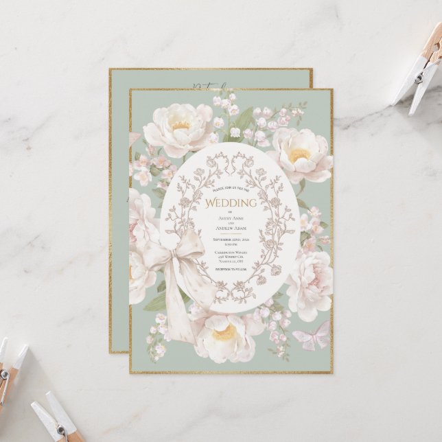 Lily Peony Floral Vintage Budget Wedding Einladung (Vorderseite/Rückseite Beispiel)