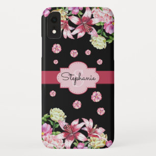 Lily Peony Watercolor Floral Black Monogram Case-Mate iPhone Hülle