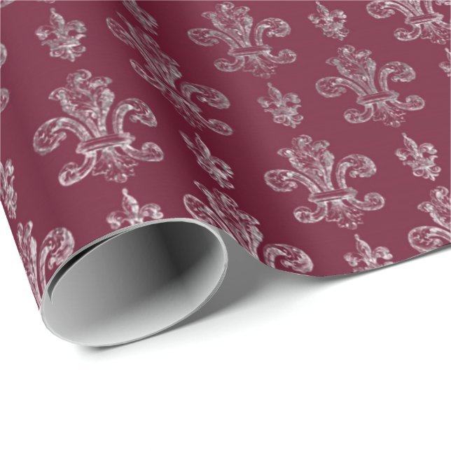 Lily Royal Damask Maroon Burgundy Silver Geschenkpapier (Rolleneckpunkt)