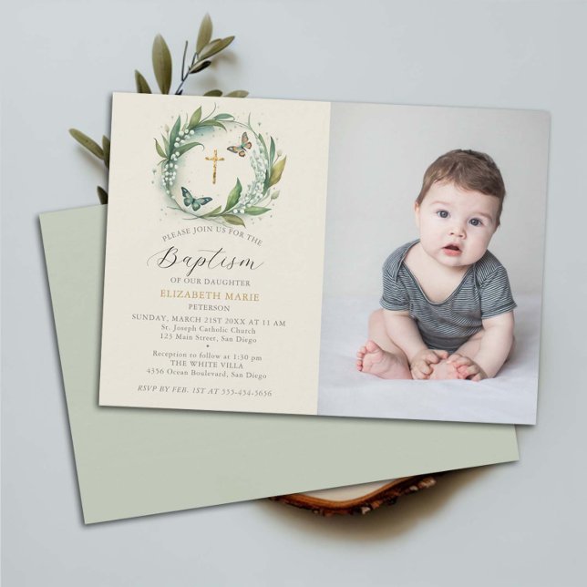 Lily Valley Butterflies Floral Child Foto Taufe Einladung (photo baptism invitation christening name ceremony christian lily valley wreath butterflies elegant)