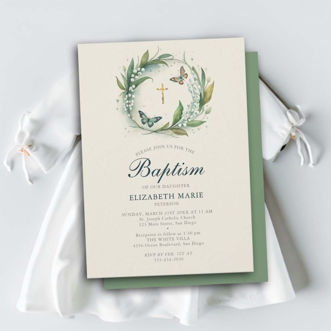 Lily Valley Butterflies Gold Cross Girl Baptisse Einladung (lily valley baptism christening invitation girl elegant floral frame wreath butterflies sweet classy)