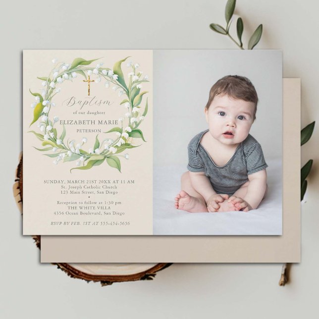 Lily Valley Gold Cross Formal Chic Foto Taufe Einladung (child baptism invitation photo lily valley floral wreath watercolor christening)