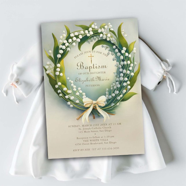 Lily Valley Gold Cross Wreath Bow Girl Baptisse Einladung (girl baptism invitation christening lily of the valley wreath elegant formal classic sweet delicate )