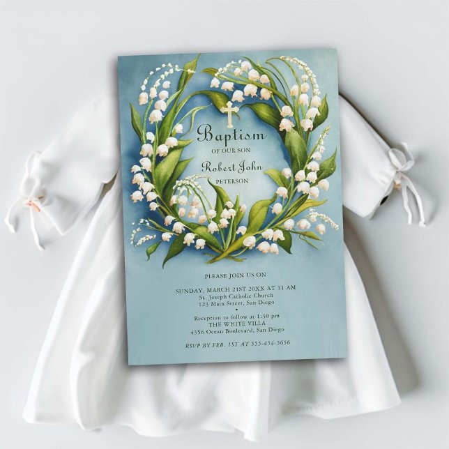 Lily Valley Gold Cross Wreath Formal Blue Baptisse Einladung (baptism invitation christening name celebration boy blue lily valley wreath floral elegant formal)