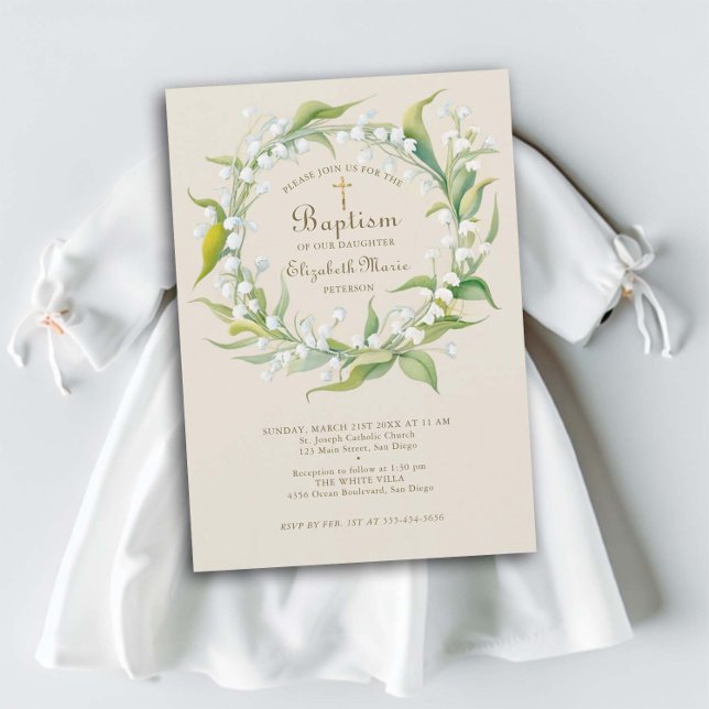 Lily Valley Gold Cross Wreath Formal Child Baptiss Einladung (child baptism christening invitation lily of the valley wreath gold cross elegant simple classic)