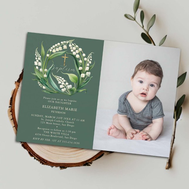 Lily Valley Green Gold Formal Chic Foto Taufe Einladung (baptismal invitation child toddler baby baptism christening lily valley floral wreath elegant classy)