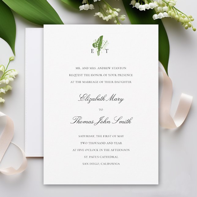 Lily Valley Monogrammes formale traditionelle Hoch Einladung (lily of the valley wedding invitation formal traditional calligraphy monograms art unique classy)