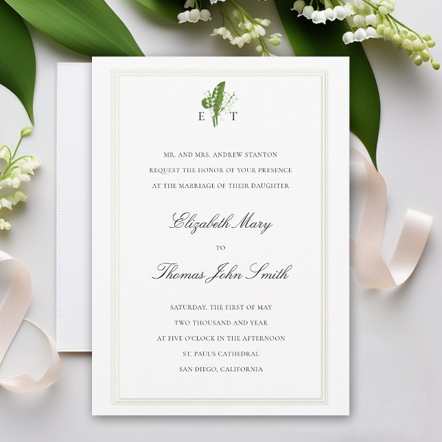 Lily Valley Monogrammes Imitate embossed Formal We Einladung (lily of the valley wedding invitation formal traditional calligraphy monograms art unique elegant )