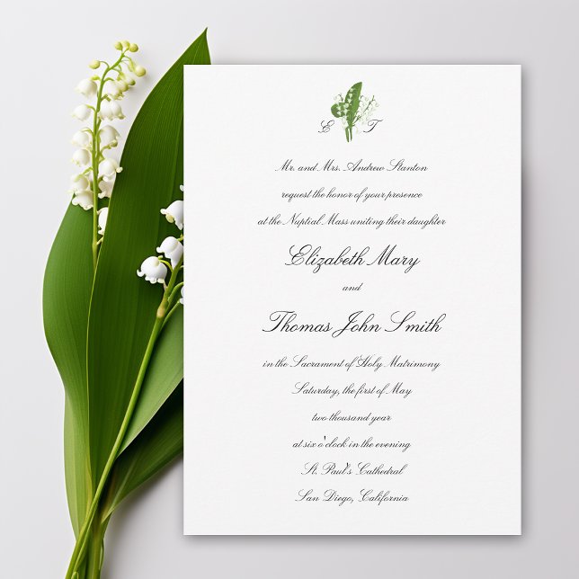 Lily Valley Religious formale Traditionelle Hochze Einladung (lily of the valley wedding invitation formal traditional calligraphy monograms religious catholic)