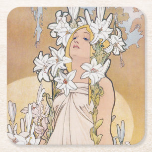 Lily (vier Blume), Alphonse Mucha Rechteckiger Pappuntersetzer
