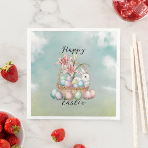 Lily-Wasserfarbe- und Pastell-Eier mit Hase im Kor Serviette