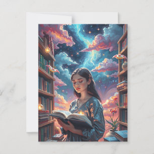 Lily zwischen Büchern auf Regalen Postkarte