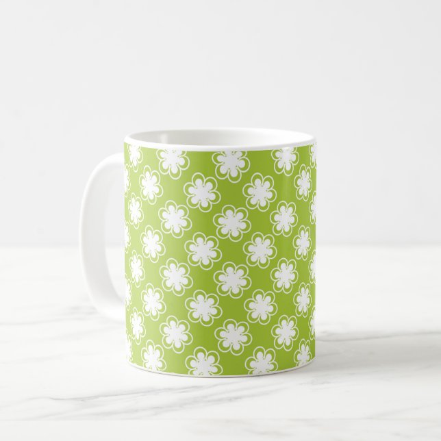Lime Green and White Flower Pattern Kaffeetasse (Vorderseite Links)