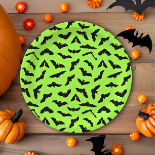 Lime Green Bat Pattern Halloween Pappteller