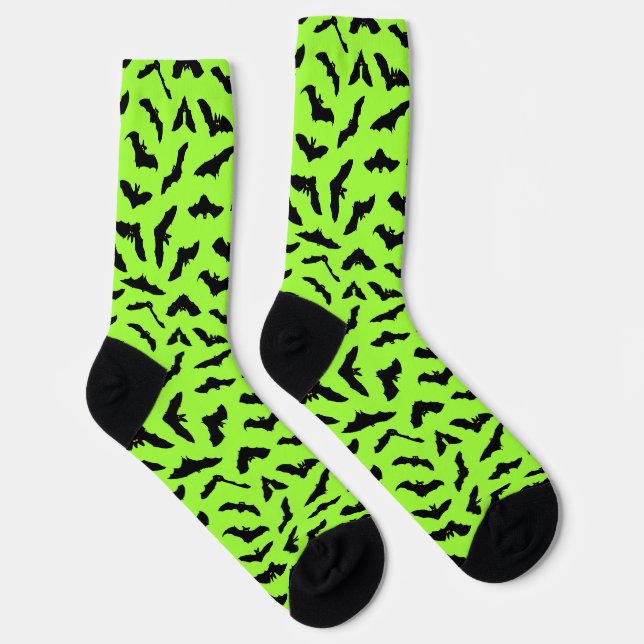 Lime Green Bat Pattern Halloween Socken (Rechts)