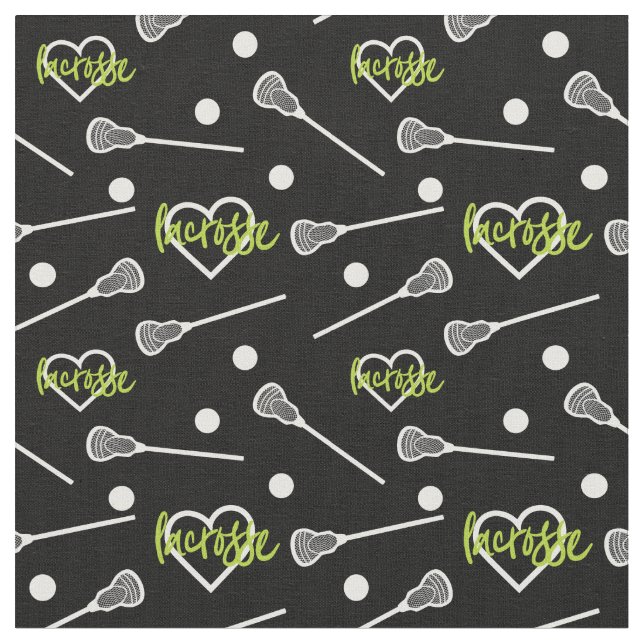 Lime Green Black Lacrosse Sticks & Hearts Muster Stoff (Nahaufnahme)